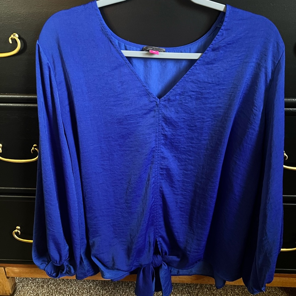 Vince Camuto Royal Blue V-Neck Tie-Front Blouse